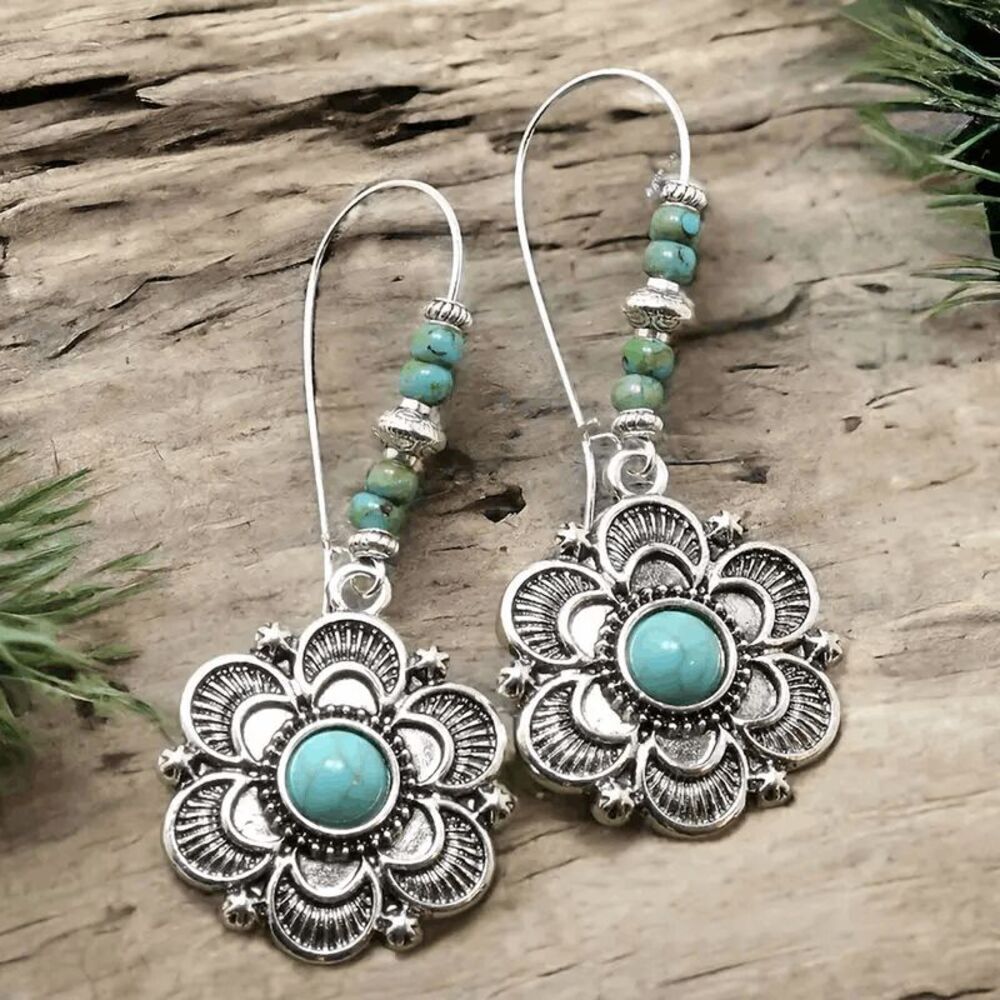 Boho Western Turquoise Flower Dangle Earrings